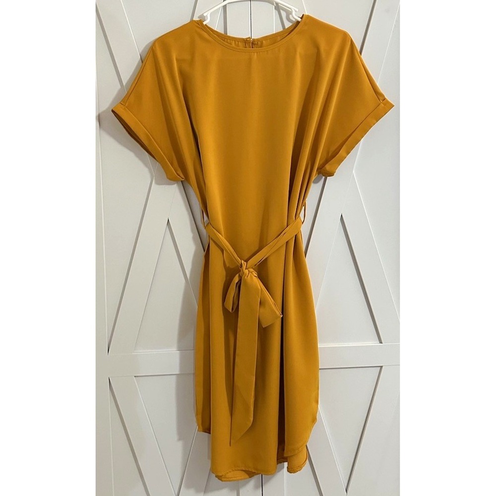 SHEIN Women's Yellow Solid Mini Dress Short Sleeve Round Neck Belted Tie M